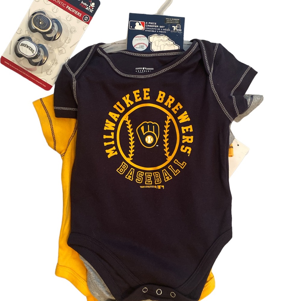 Milwaukee Brewers baby onesies with 2 pacifiers